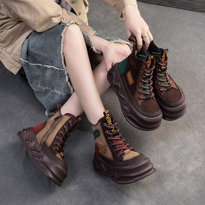 Moda GKTINOO Damskie Buty Motocyklowe Skóra Naturalna 2025 Nowe Zapinane na Zamek Okrągły Nosek Damskie Buty Szyte Ręcznie Retro Botki na Platformie