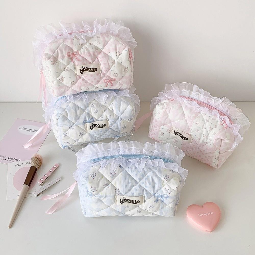Quilted Makeup Bag Lace Bow Zipper Ruffles Pen Bag Sweet Toiletry Case for Women Girls