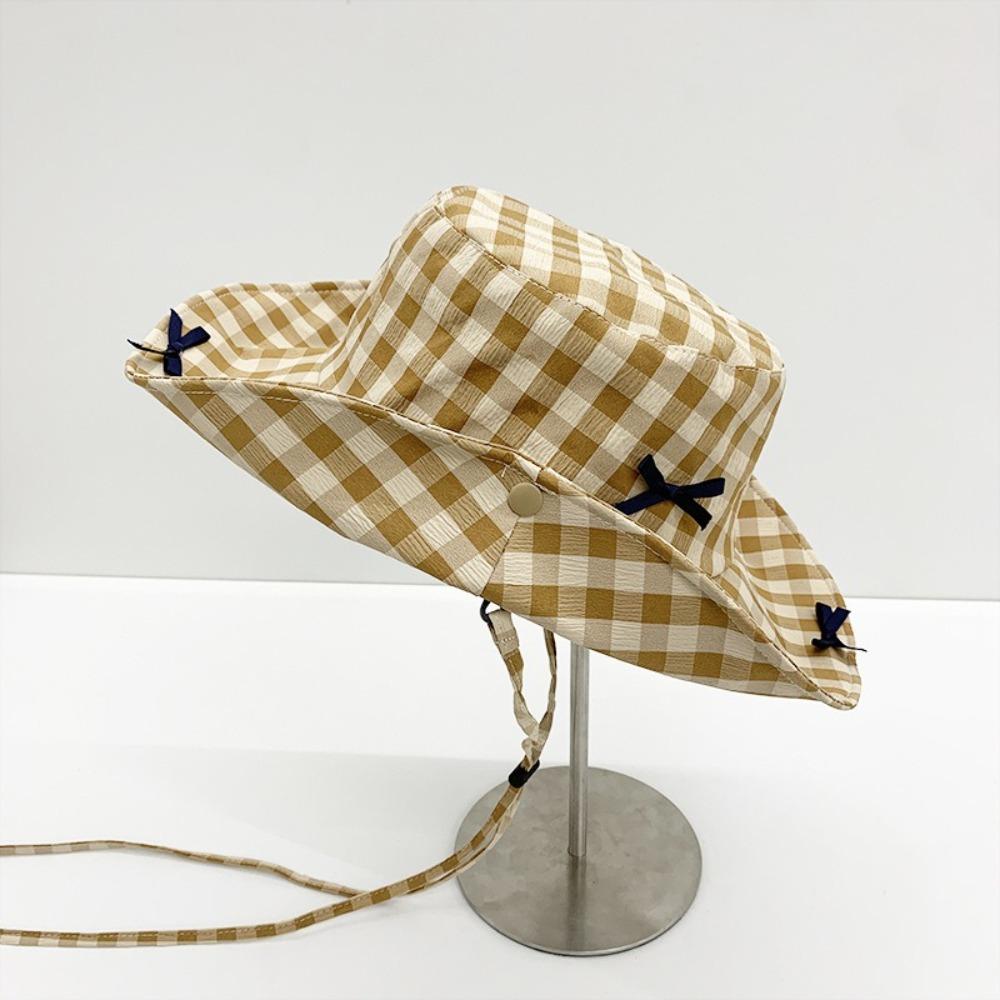 Small Lattice Drawstring Sun Hat Versatile Bow Bucket Hat Fashion Hiking Fisherman Hat  Famale