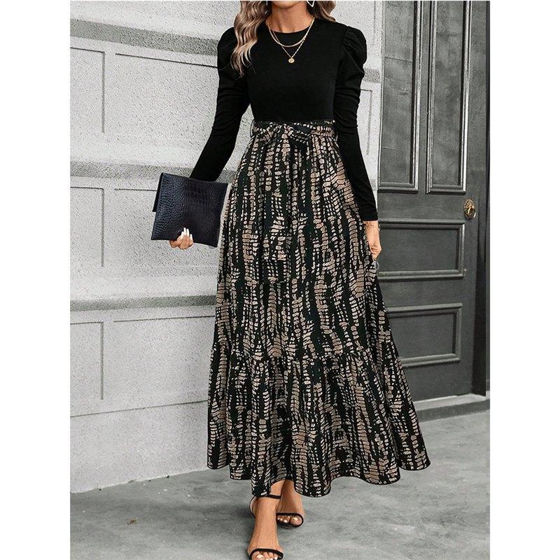 Women's clothing autumn explosion floral printing crew neck long-sleeved dress exotic vacation style elegant even