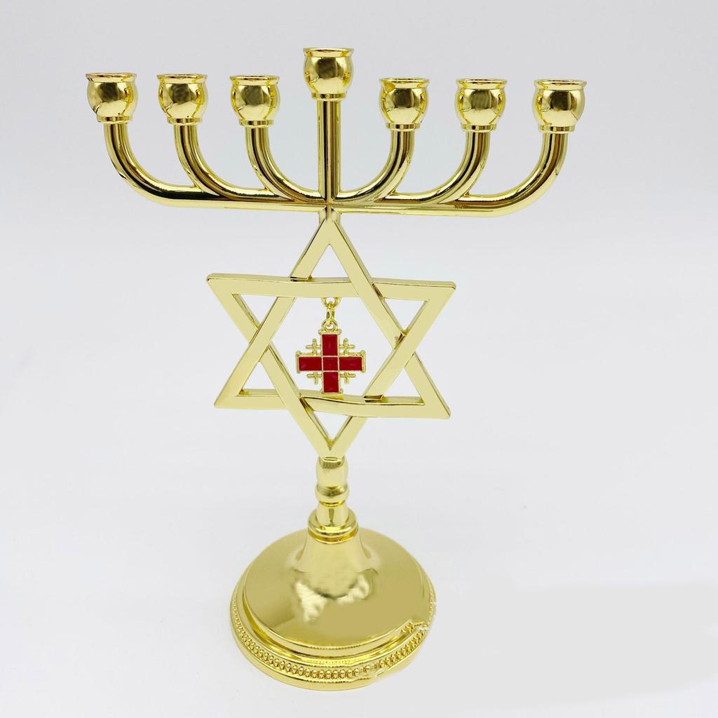 7 Branch Jewish Metal Star of David Candle Holder with Cross Pendant Menorah Ornament Temple Candlestick Candle Stand