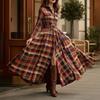 2026 Womens French Chic Midi To Maxi Dress High-Waisted A-Line With Asymmetrical Hem Striped Or Plaid Print Long Sleeve