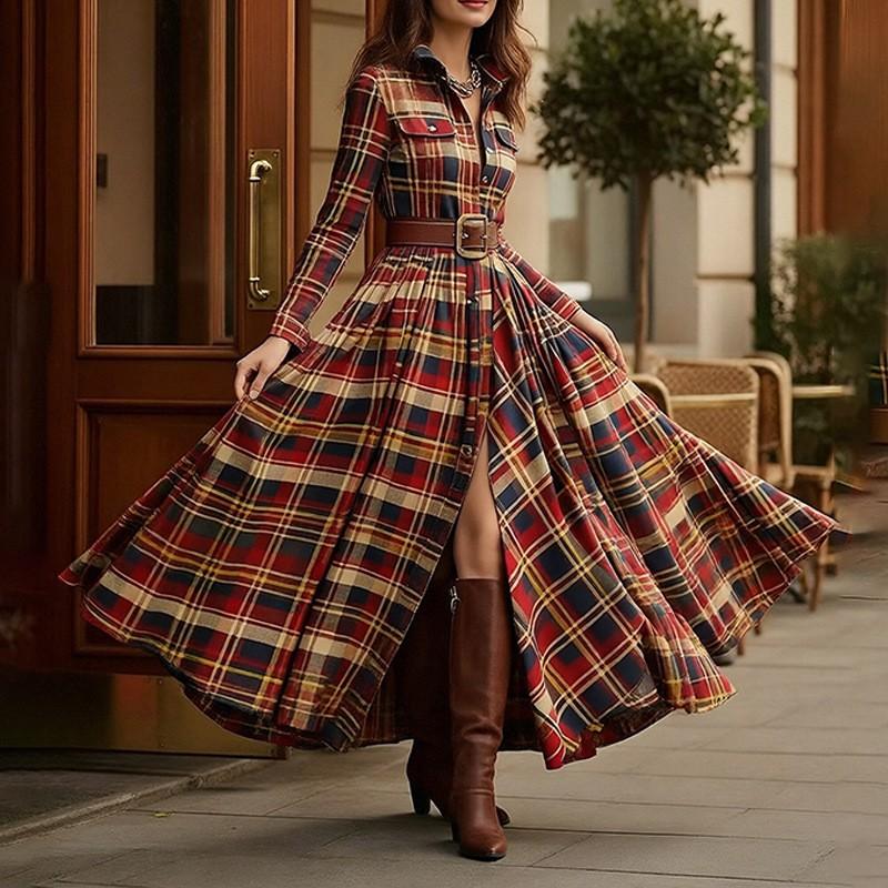 2026 Womens French Chic Midi To Maxi Dress High-Waisted A-Line With Asymmetrical Hem Striped Or Plaid Print Long Sleeve