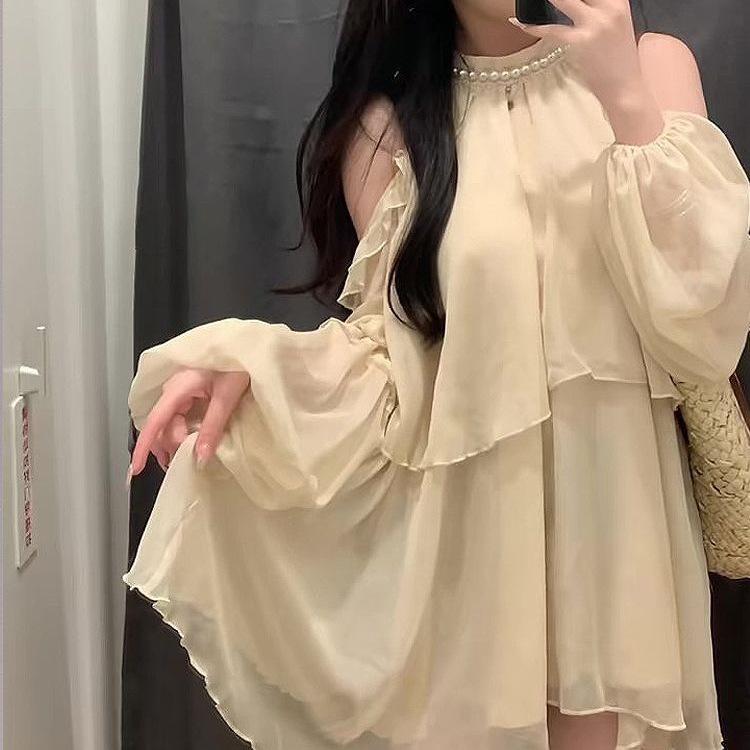 French Pearl Off-the-Shoulder Halter Mini Dress - Women's Summer 2026, Sweet Petite Style