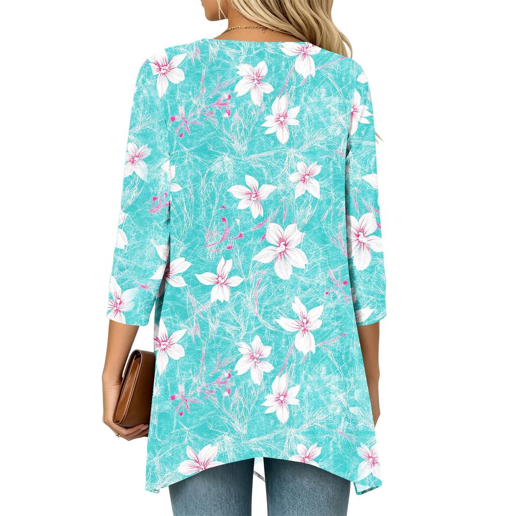 Women's Vintage Floral Print Three-Quarter Sleeve Lightweight Cardigan for Casual Daily Wear