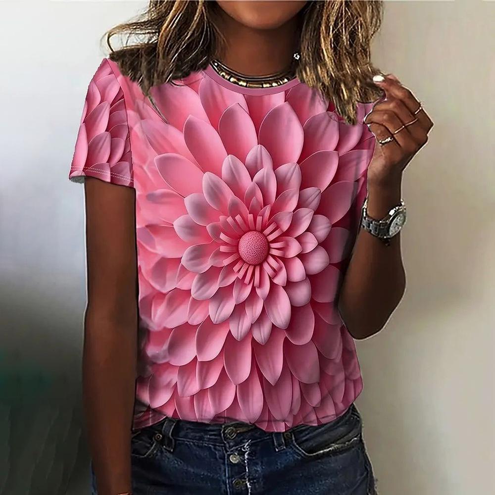 Casual and Versatile High-quality Flower Patterned Short Sleeved Round Neck Women's T-shirts