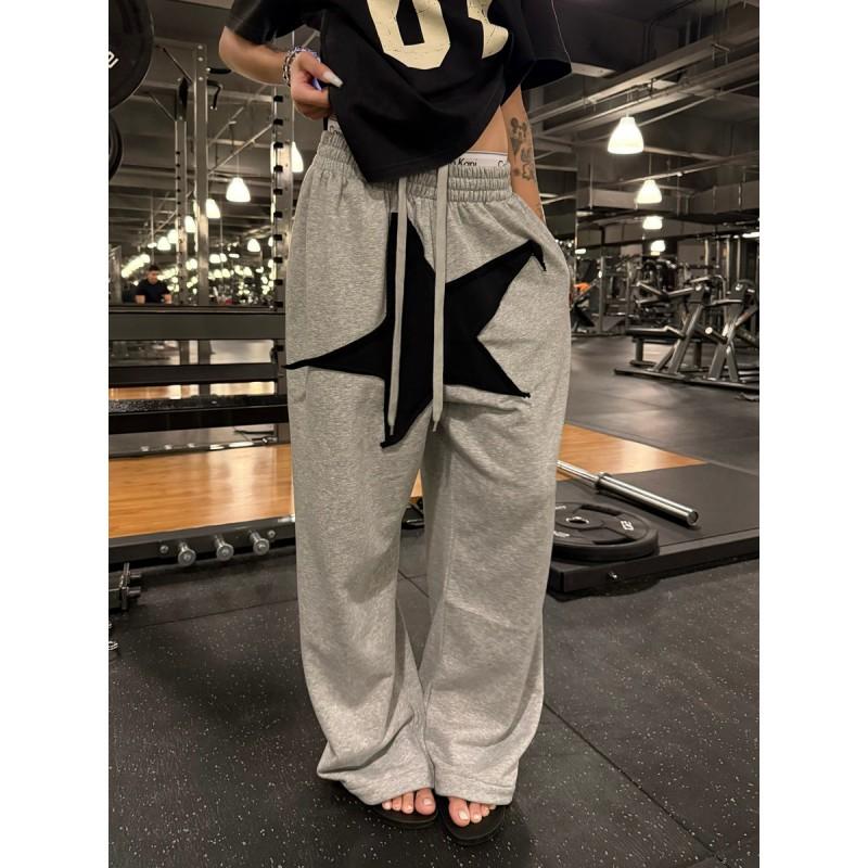 Womens Relaxed Fit Straight Leg Jogger Pants With Star Patch Embroidery Elastic Waist Casual Wide Trousers