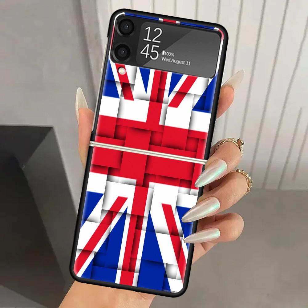 Union Jack England UK Flag Hard PC Phone Case For Samsung Galaxy Z Flip 7 6 5 4 3 Black ZFlip7 ZFlip6 Flip5 Flip4 Flip3 5G Print