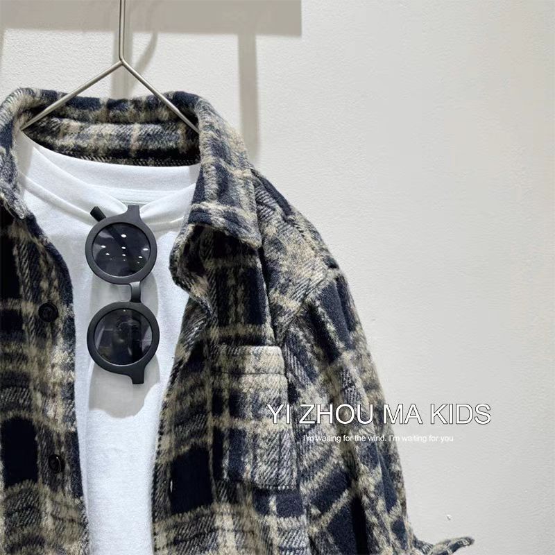 Boys Autumn Winter Thickened Brushed Plaid Shirt Korean Trendy Children Long Sleeve Top Jacket