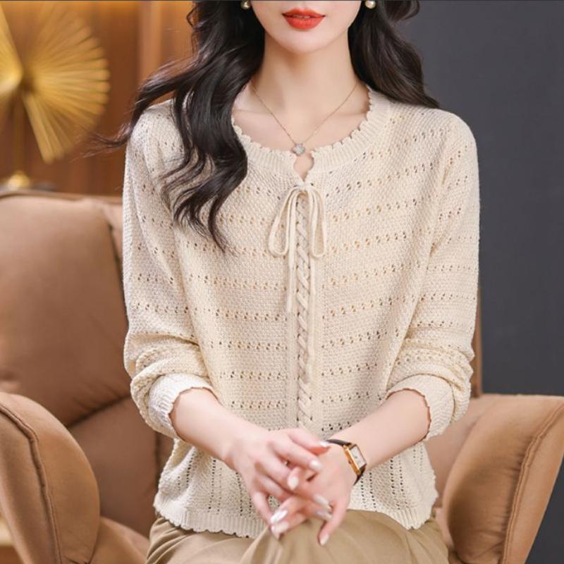 

Круглый вырез на шнуровке с длинными рукавами, женская короткая базовая кофта, вязаный свитер, свободный наряд для мамы 2XL белый