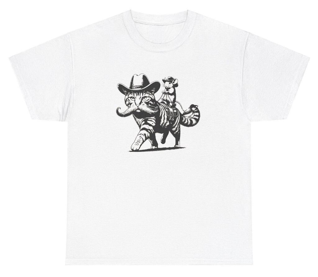 Mouse Riding Cat Cowboy Hat T Shirt Funny Western Meme Gen Z Animal Humor Tee