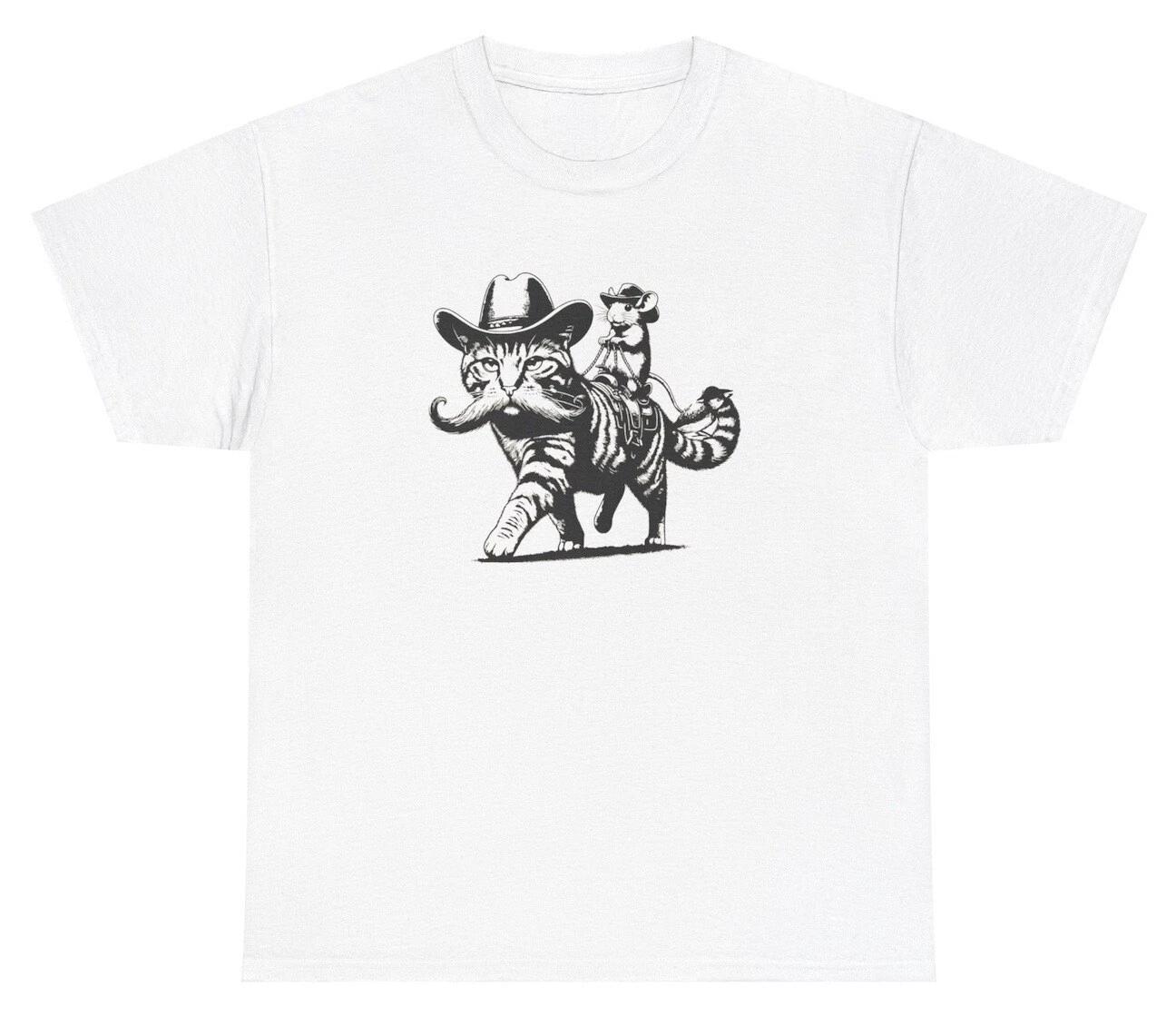 

Mouse Riding Cat Cowboy Hat T Shirt Funny Western Meme Gen Z Animal Humor Tee 4XL
