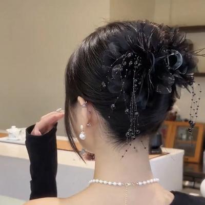 Fashion Mesh Flower Hair Claw Women Shark Ponytail Clip Headdress Temperament Pearl Tassels Headwear