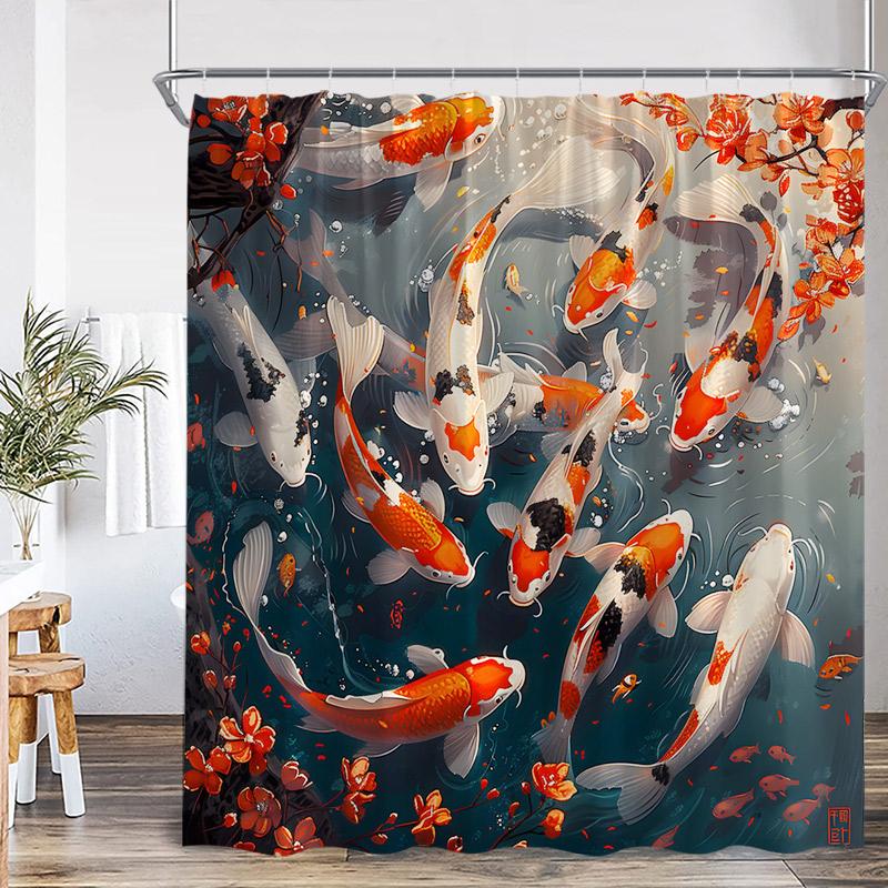 Japanese Style Shower Curtain Pink Cherry Blossom Floral White Crane Mountain Koi Carp Ink Scenery Modern Bathroom Curtain Decor