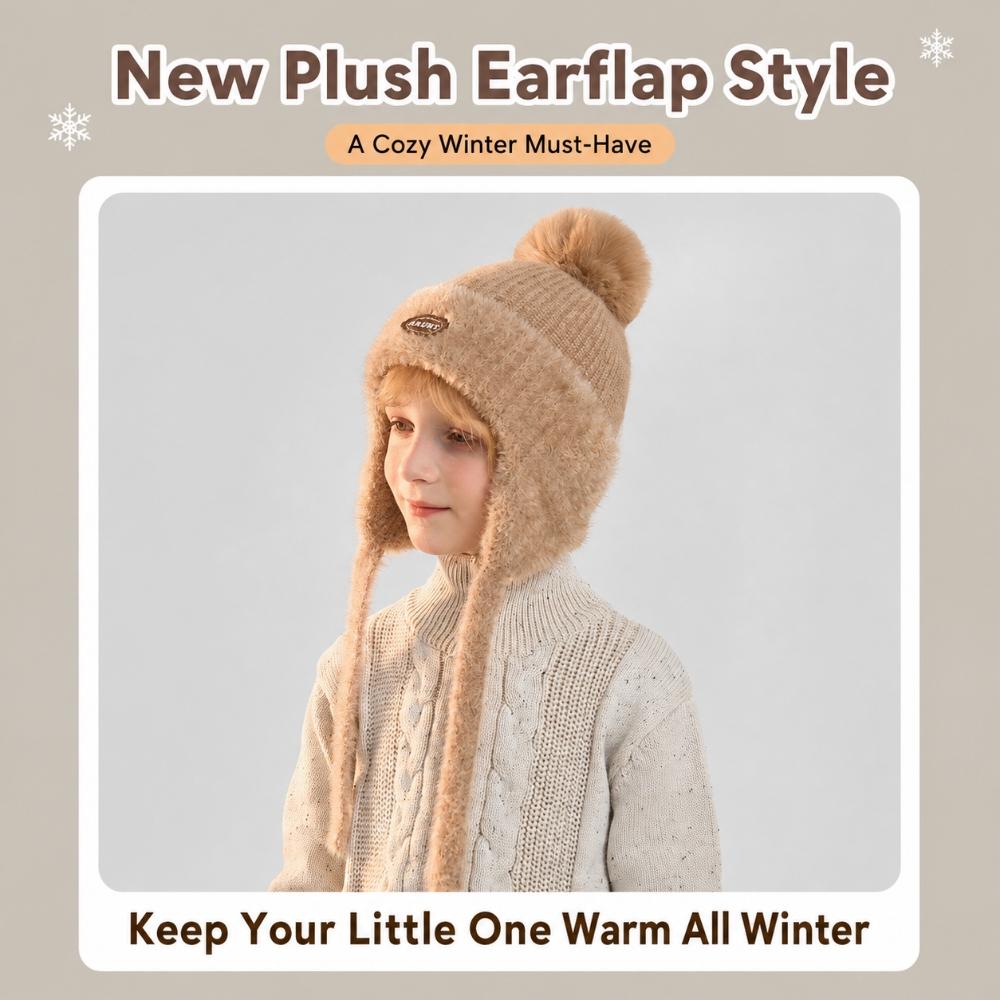 Kids Winter Knitted Earflap Hat with Pom Pom, Plush Lining and Long Ties, Warm Windproof Polyester Cap for Ages 4–10Years