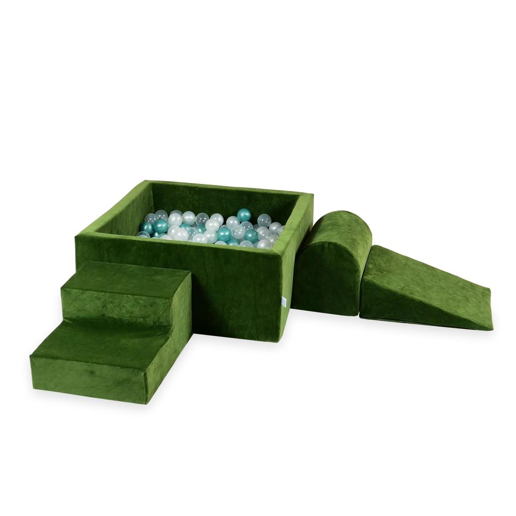 Piankowy Plac Zabaw Z Basenem Kwadratowym 90X90X40 Velvet Soft Oliwkowy + 400 Piłek: Przezroczyste, Perłowe, Metaliczny Turkus