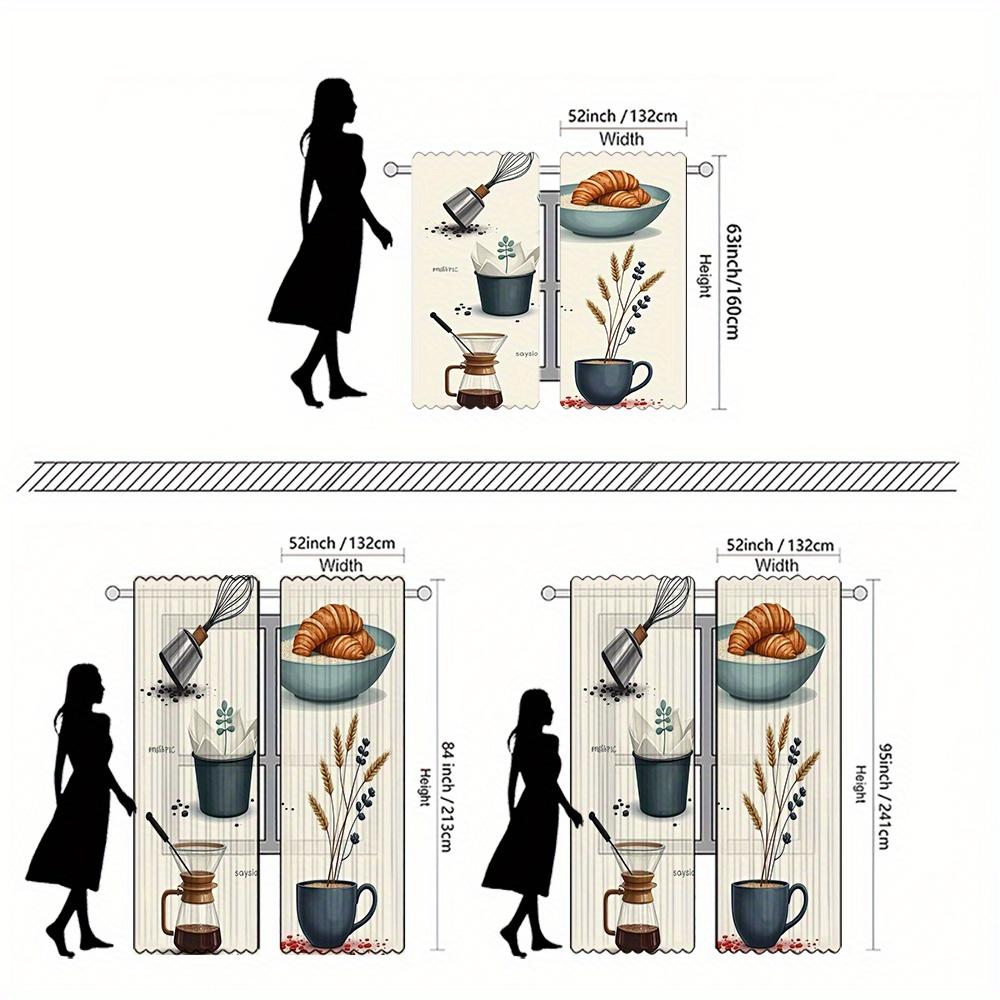 2Pcs Elegant Floral And Coffee-Themed Curtains - Semi-Transparent Polyester, Rod Pocket Design, Machine Washable, Perfect For Li