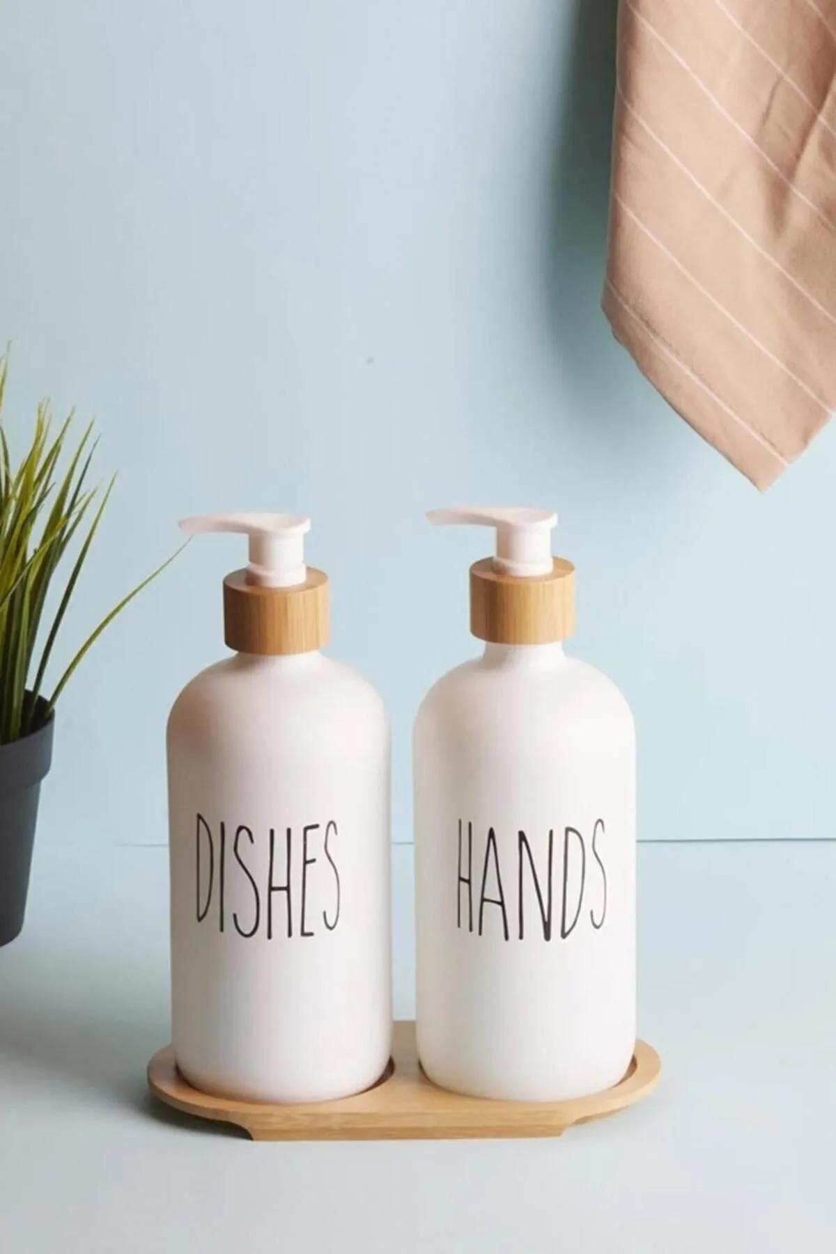 

2-Piece White Kitchen Liquid Soap Dispenser Set 500ml + 500ml Bamboo Tray