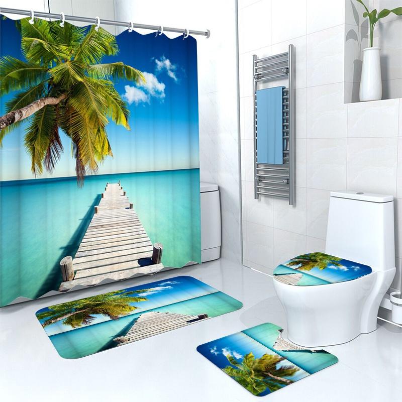 Cheap Bathroom Decor Waterproof Shower Curtain Set Toilet Cover Non