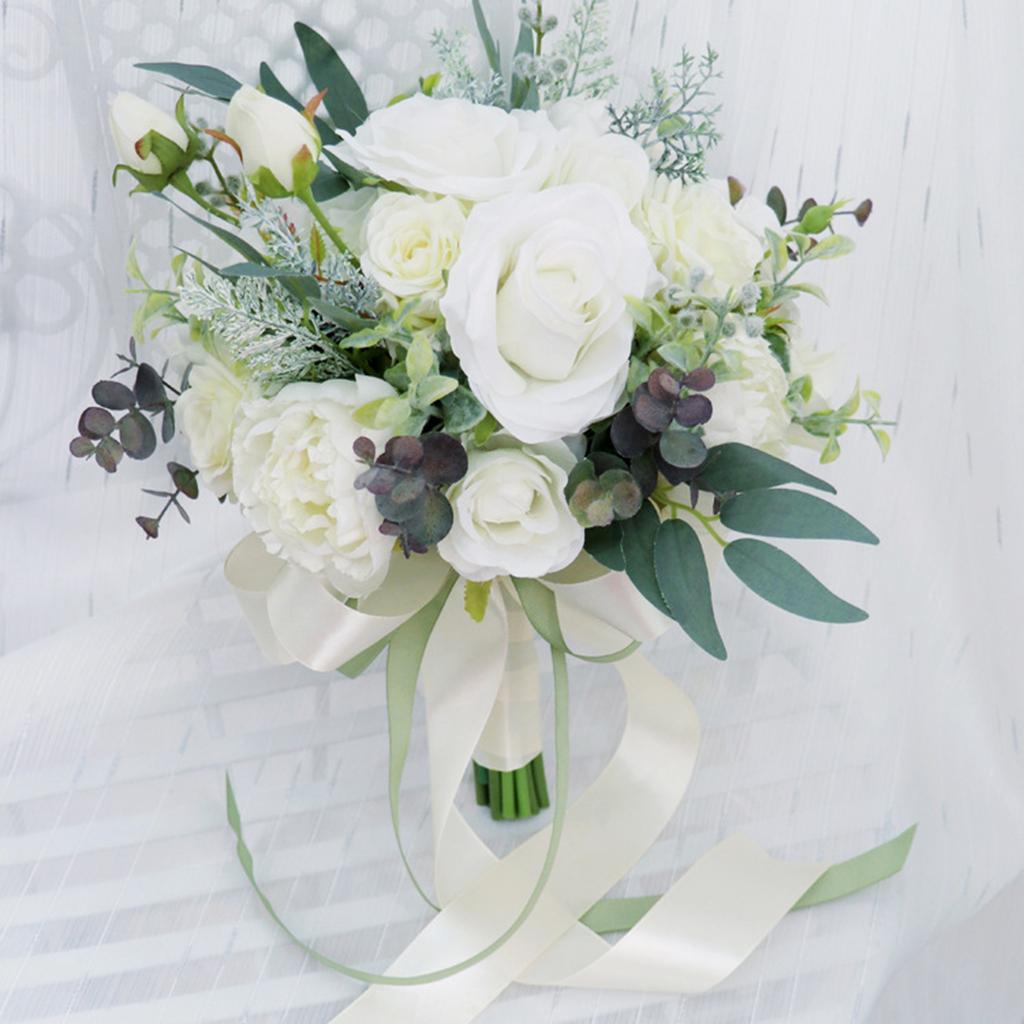 Hand Bouquet Artificial Silk Flowers White Rose Peony Floral Ornament for Women Teenager Girl Photo Props