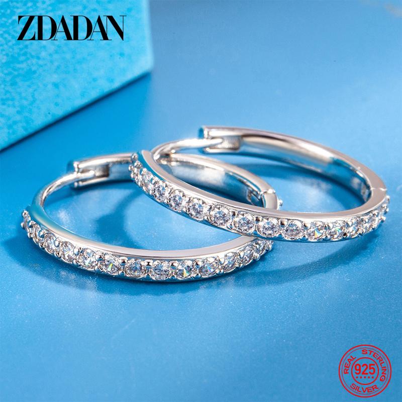 ZDADAN 925 Silver 8/12/16/20mm Zircon Hoop Earrings For Women Fashion Jewelry