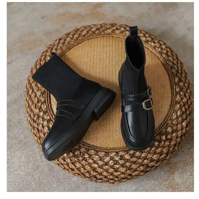 

Элегантные короткие туфли на среднем каблуке для женщин, ботильоны-носки с круглым носком, женские ботильоны коричневого цвета, эластичная обувь, весна-осень 35