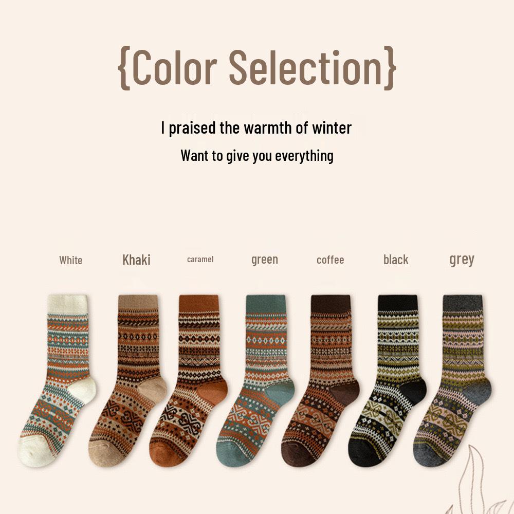 Meilaide Women's Retro Double-Needle Mid-Calf Striped Cotton Socks, Ethnic Style, Winter-Ready