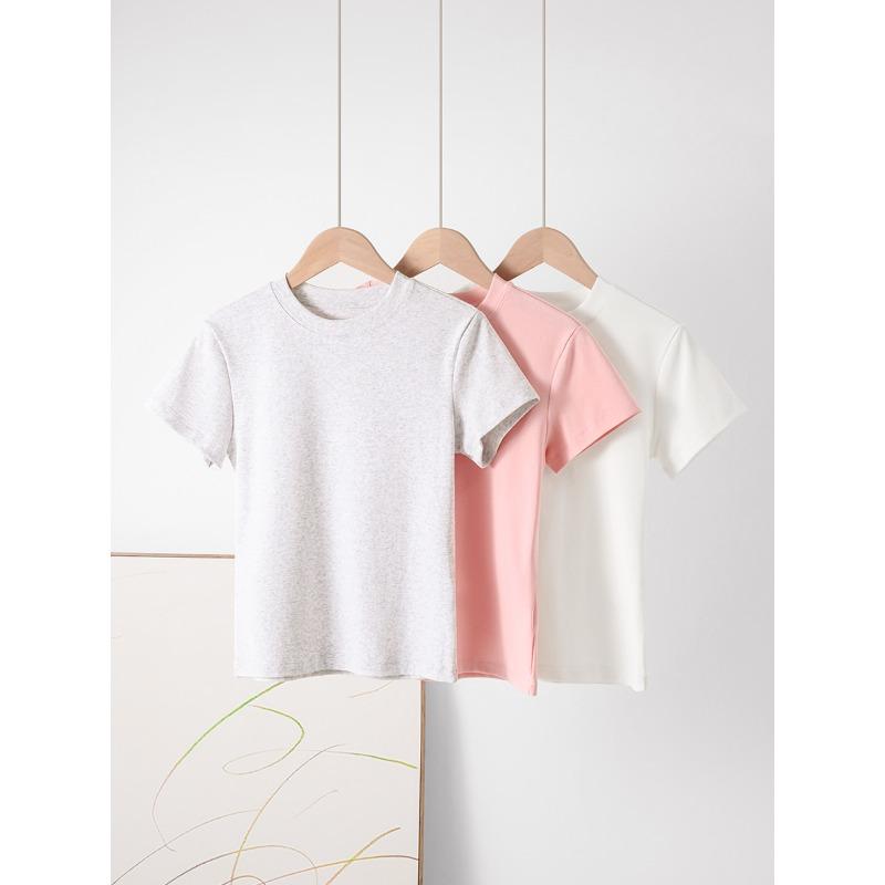 Shoulder Short Sleeved T-shirt for Women, French Round Neck Short Style, Elastic Slim Fit, Spicy Girl Style, Slimming Short Top for Women