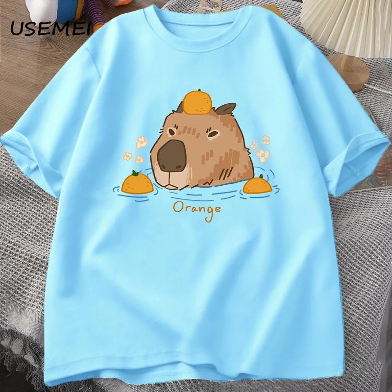 Capybara Swimming with Oranges Tshirts Oversize T Shirt Unisex Cotton Shrot Sleeve Cartoon Animal Tshirt Round Neck Top Clothes