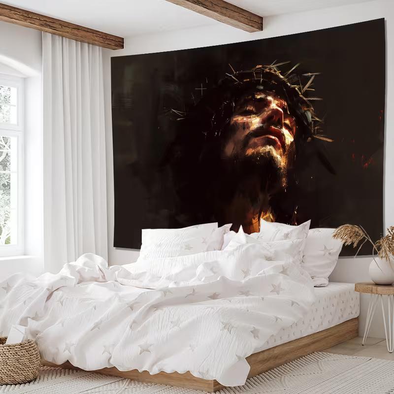 2D Christian Jesus Religious Tapestry Dark Art Portrait Wall Decor Cloth for Home & Bedroom