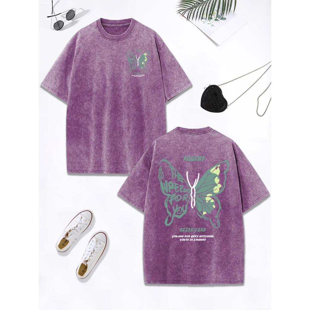 Personality Hollow Out Butterfly Prints Washed T-Shirts Women Cotton Oversized Tops Distressed T Shirt Summer Clothes