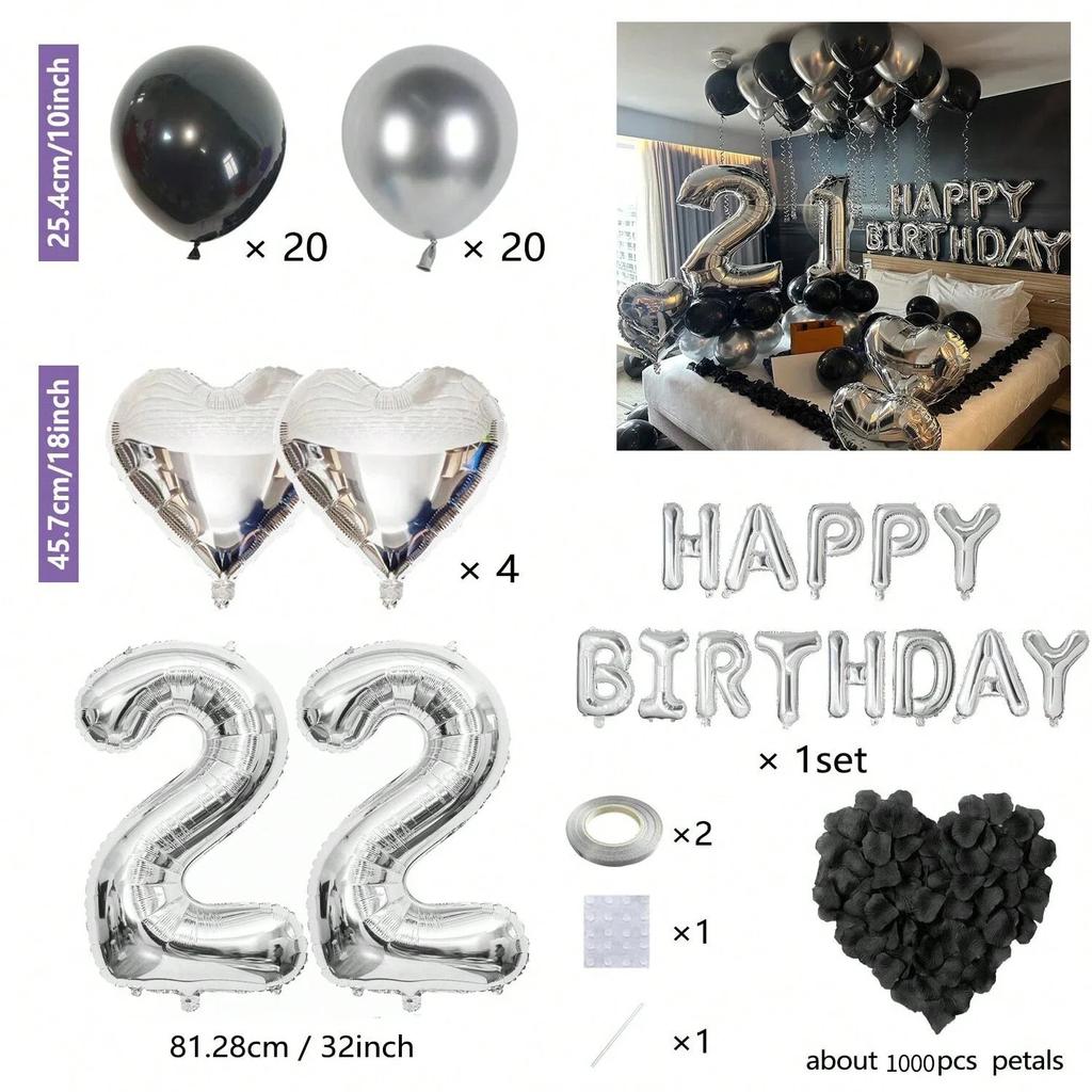 Black Silver Party Birthday Banner Heart-Shaped Aluminum Foil Balloon Rose Petals, Birthday, Anniversary, Atmosphere Decoration