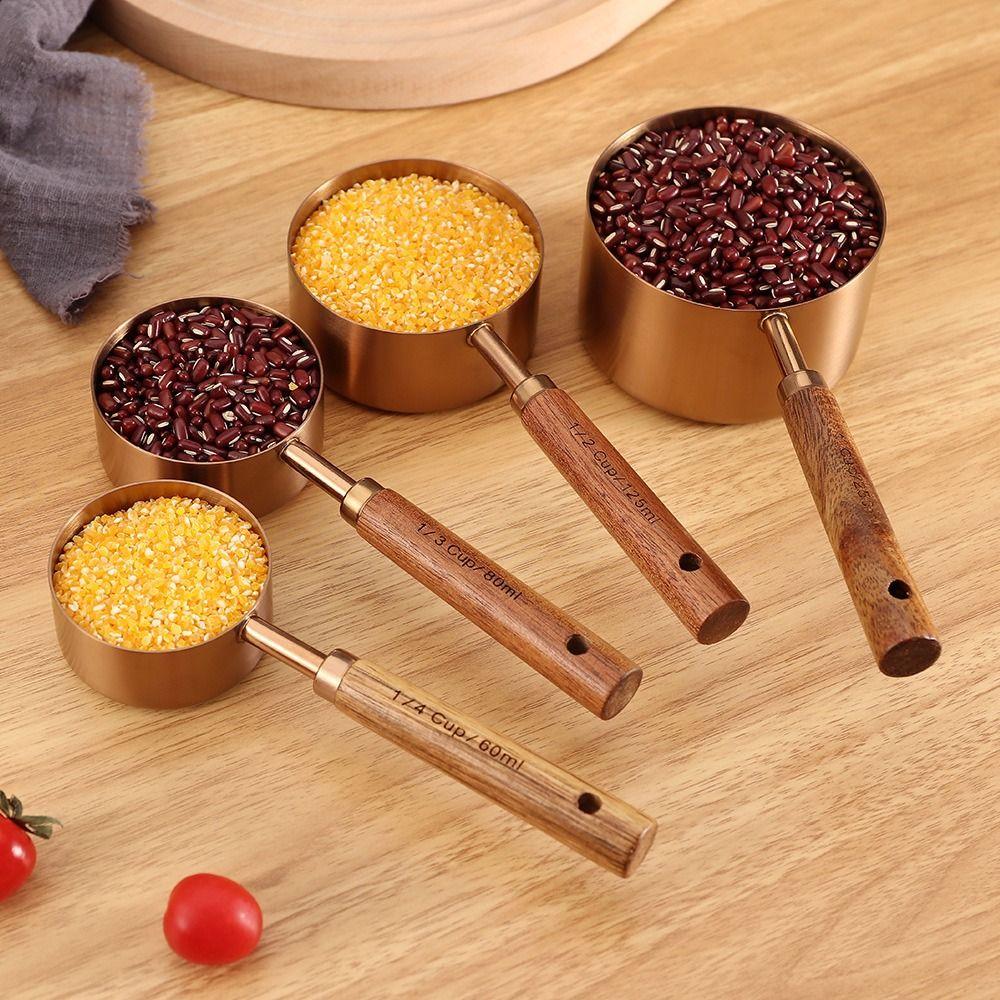 4Pcs Stainless Steel Coffee Measuring Spoon Wooden Handle Baking Tool  Ice Cream Sugar Salt Spice