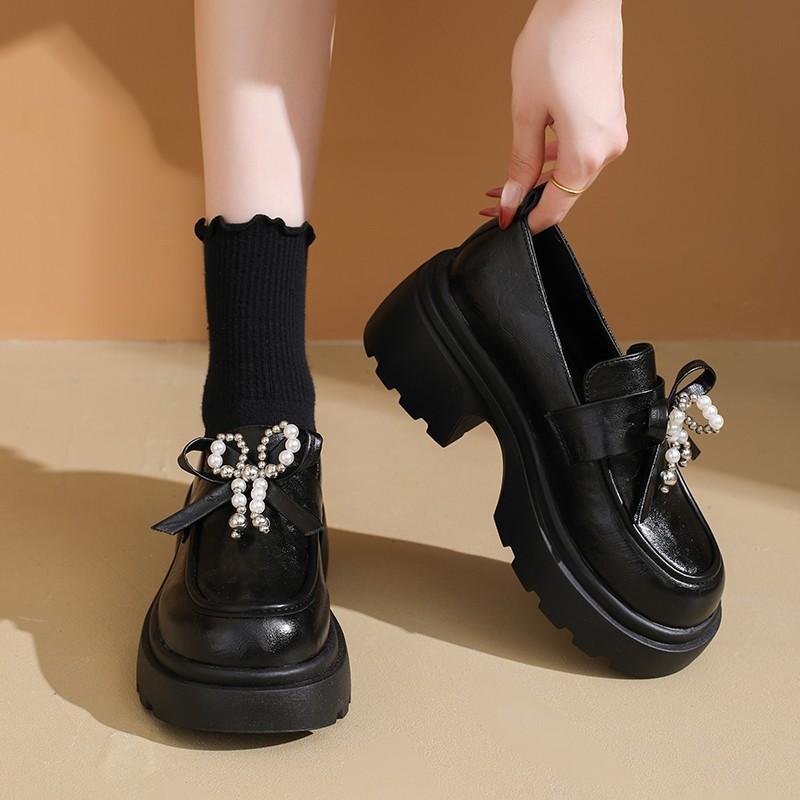 Pearl bow platform women's new autumn black small leather shoes retro single shoes