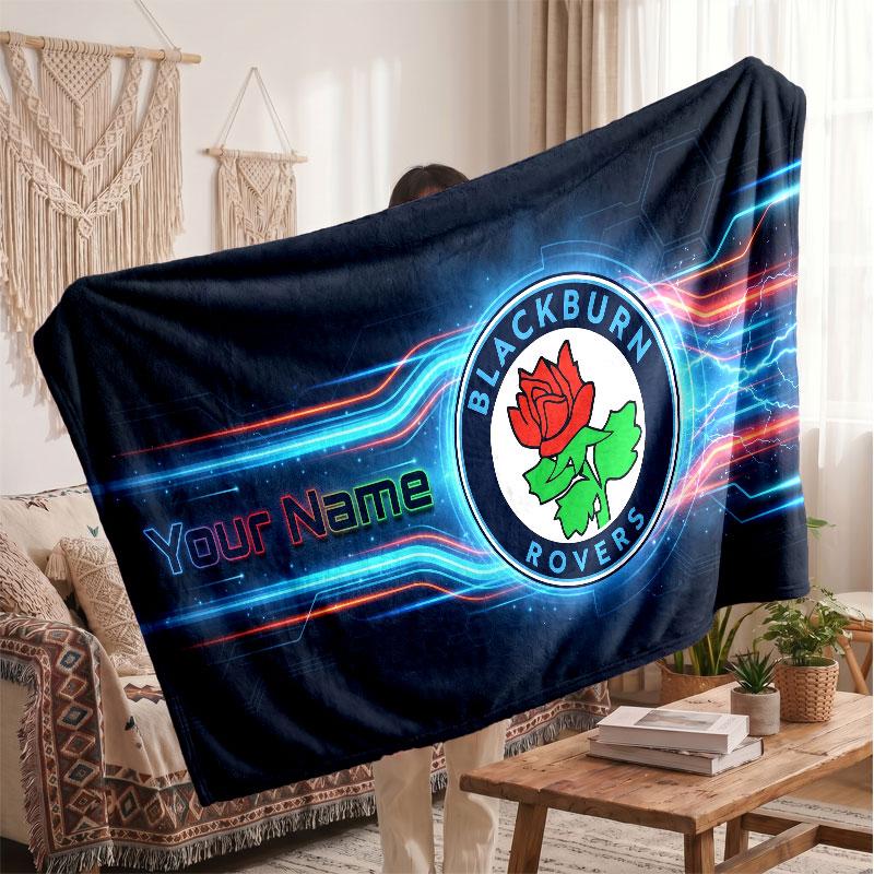 Blackburn Rovers FC Personalized Fleece Blanket With Football Logo, Custom Name Text Soft Warm Home Throw Blanket