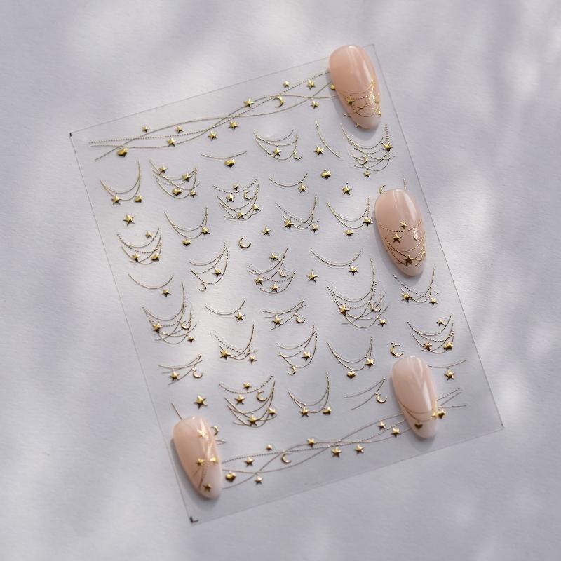 5D French Star Moon Chains Nail Art Stickers Golden/Silvery Curved Lines,Starlight Nails Slider Self-Adhesive Manicure Decals