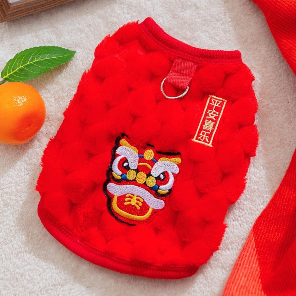 Haustierkostüm Warmer Tanzender Löwe Katzenmantel Rot Bestickt Neujahr Haustierweste Flauschige Weiche Winterhundejacke Haustierparty