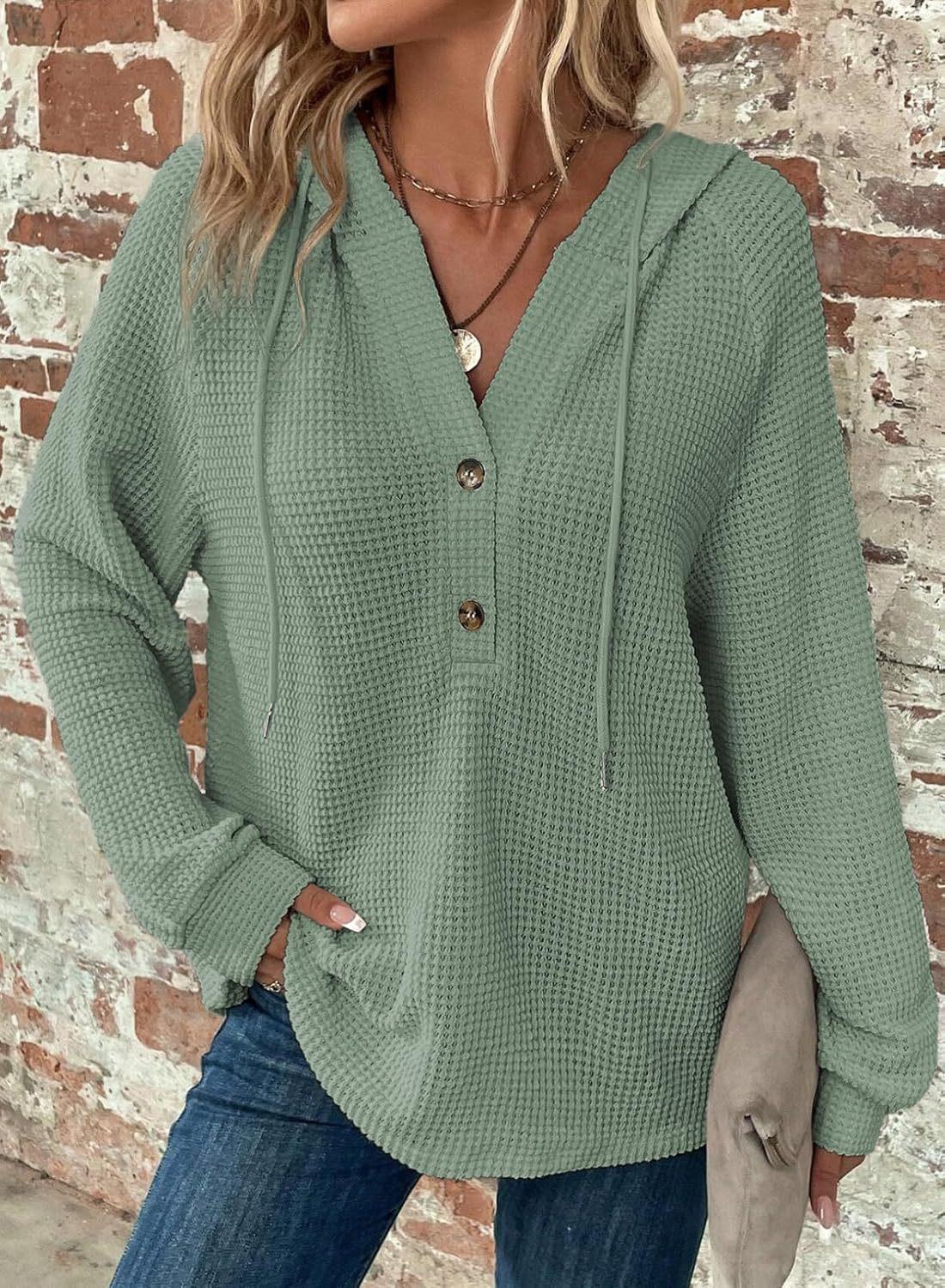 Women S Waffle Knit Hooded V Neck Button Long Sleeve Casual Sweatshirt 5XL