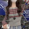 Gray Striped Round Neck Regular Shoulder Long Sleeve Niche Design Knitwear Women's Autumn Short Base Layer Inner Top