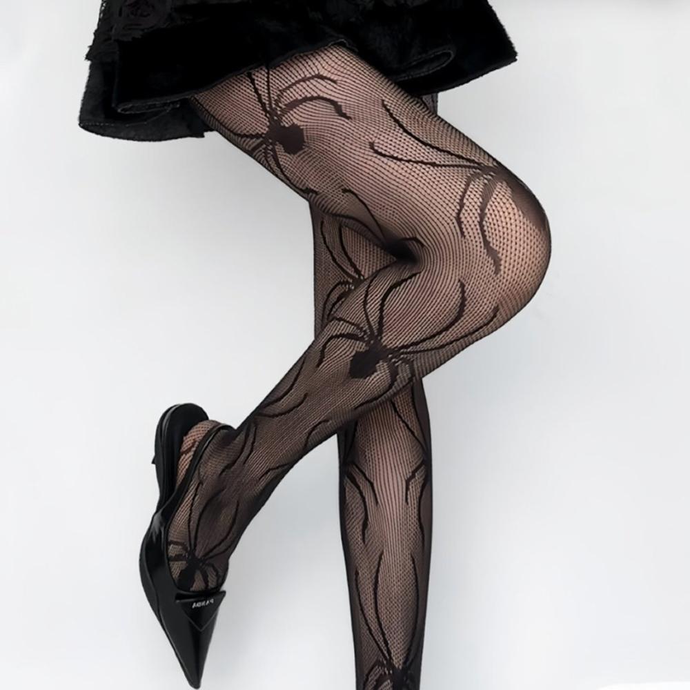 Schwarze Spinnen-Damenstrumpfhosen Halloween Jacquard Spinnenmuster Sexy Netz-Durchbruchstrümpfe Gothic Punk Netzstrumpfhosen Strumpfhosen One Size gray