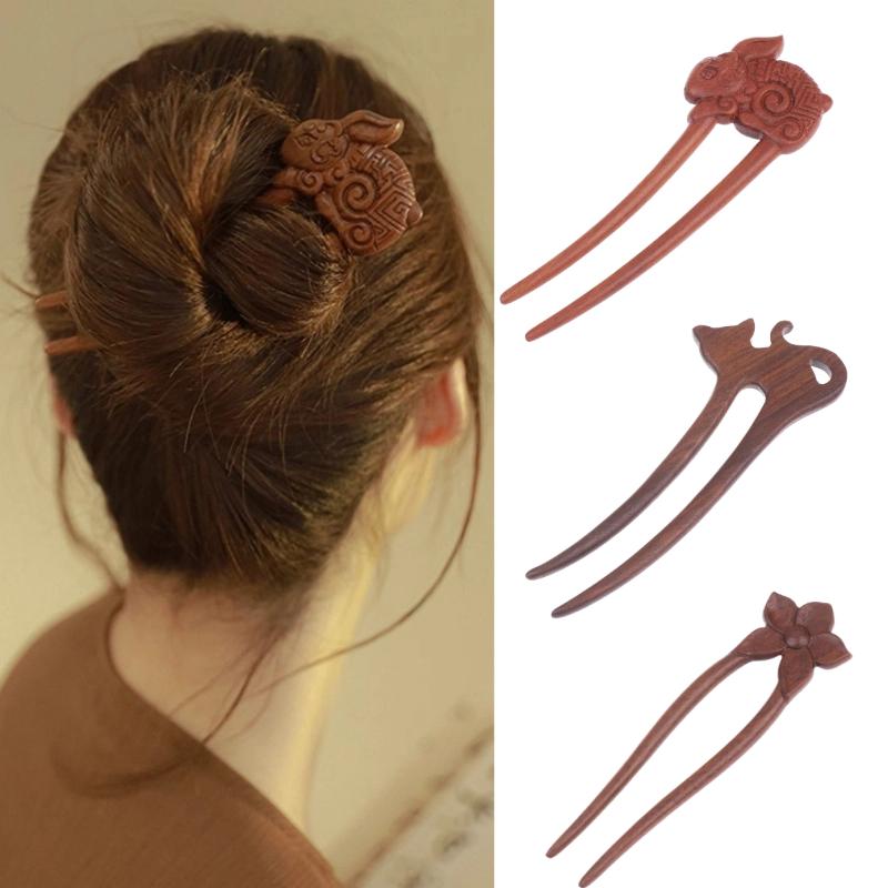 Wooden Hair Stick U-Shaped Hair Fork Cat Butterfly Chinese Style Hairpin Headwear Girl Hair Accessories
