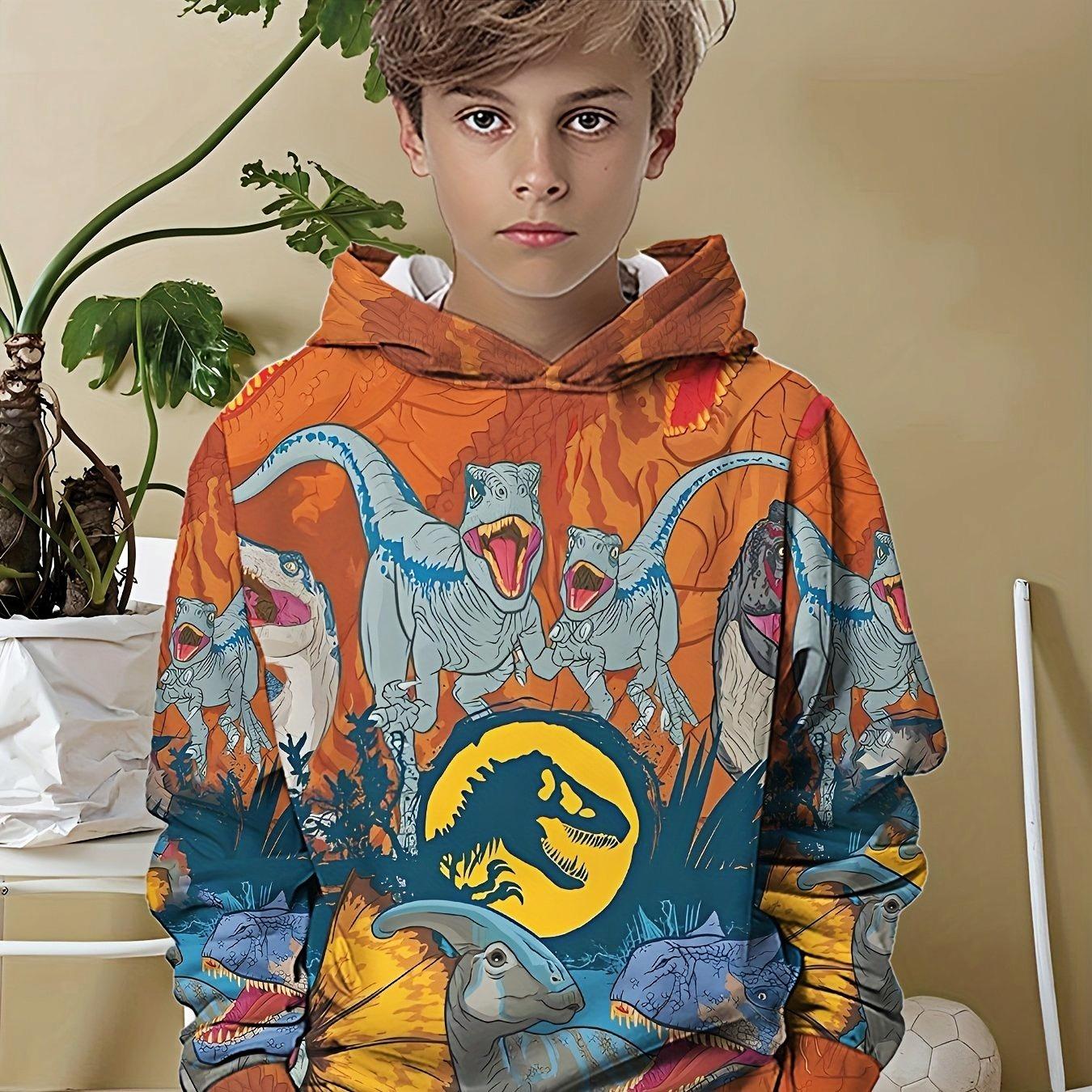 

Boy dinosaur 3D printed long sleeved hooded sweatshirt, spring and autumn sports casual pullover 13-14Y