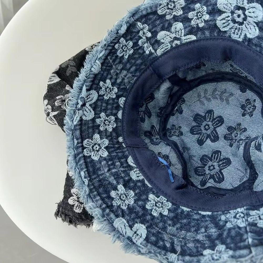 Flower Embroidered Denim Fisherman Hat Frayed Brim Sunscreen Sun Cap Cowboy Bucket Hats  Holiday
