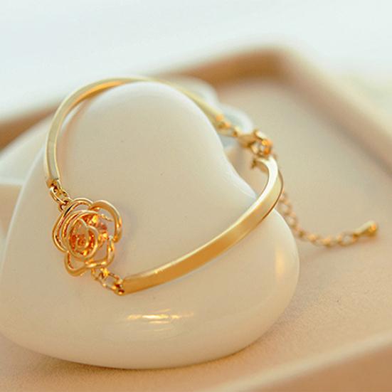 Women Golden Flower Crystal Rose Bangle Cuff Chain Bracelet Chic Jewelry Present