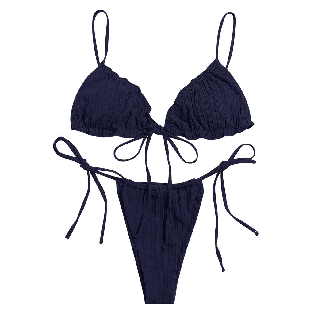 Women's Two Piece Bikini Set Adjustable Strappy Triangle Top and Tie Side Bottoms Textured Fabric Swimsuit for Beach Pool Swimwear