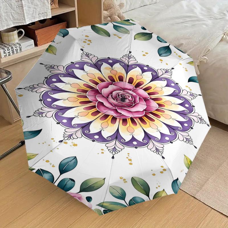 1 Stück Blumiges Mandala Automatisches Öffnen/Schließen Regenschirm Kompakter Faltregenschirm mit 8-Speichen-Gestell für Damen/Herren, Elegant Geburtstag1286S