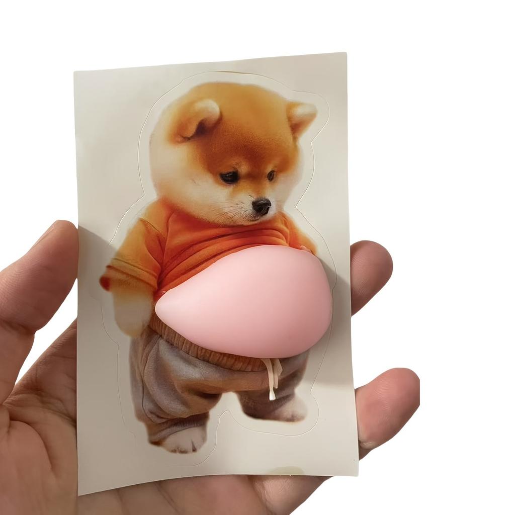 3D Shiba Inu Dog Belly Sticker - Cute Puppy Wearing Orange Outfit With Soft Pink Background, Silicone Self-Adhesive