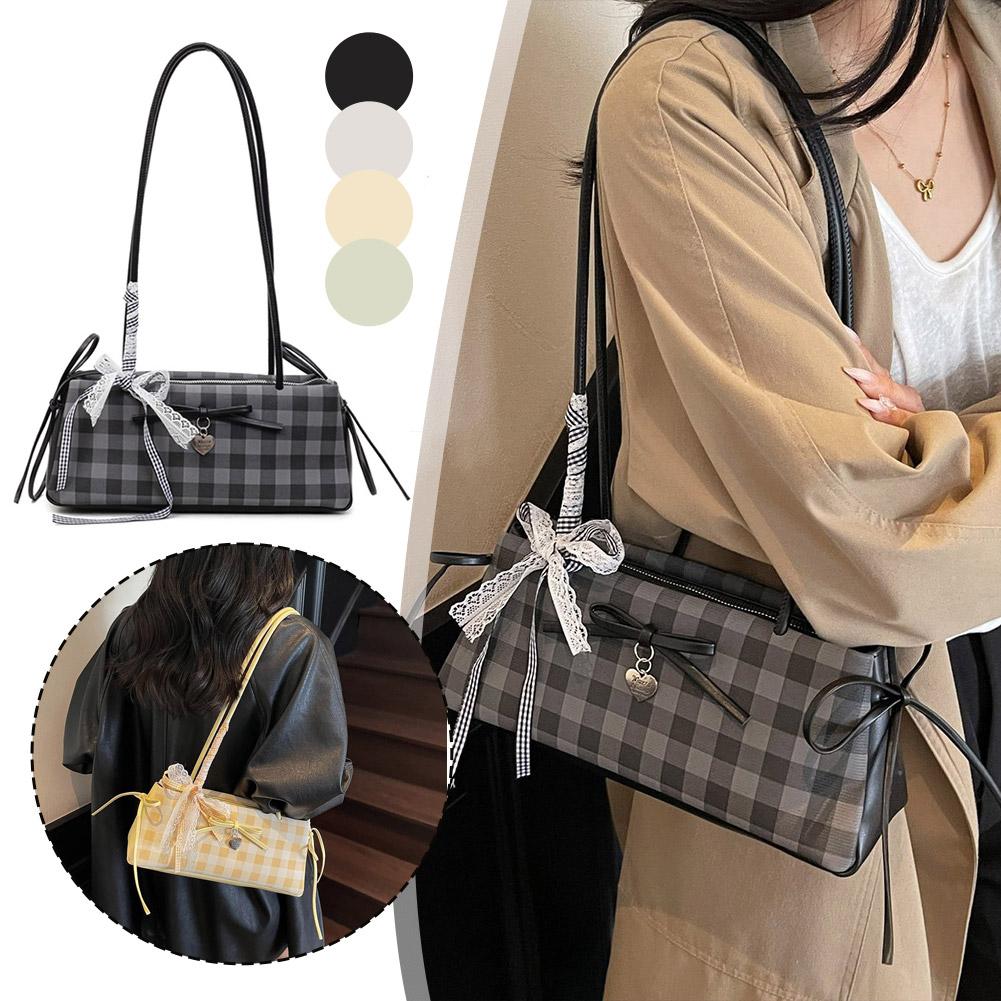 Bow Lace Ribbon Shoulder Bag Fashion Heart-shaped Pendant Grid French Underarm Pouch Tote Bag Handbag Daily Commuting Bag