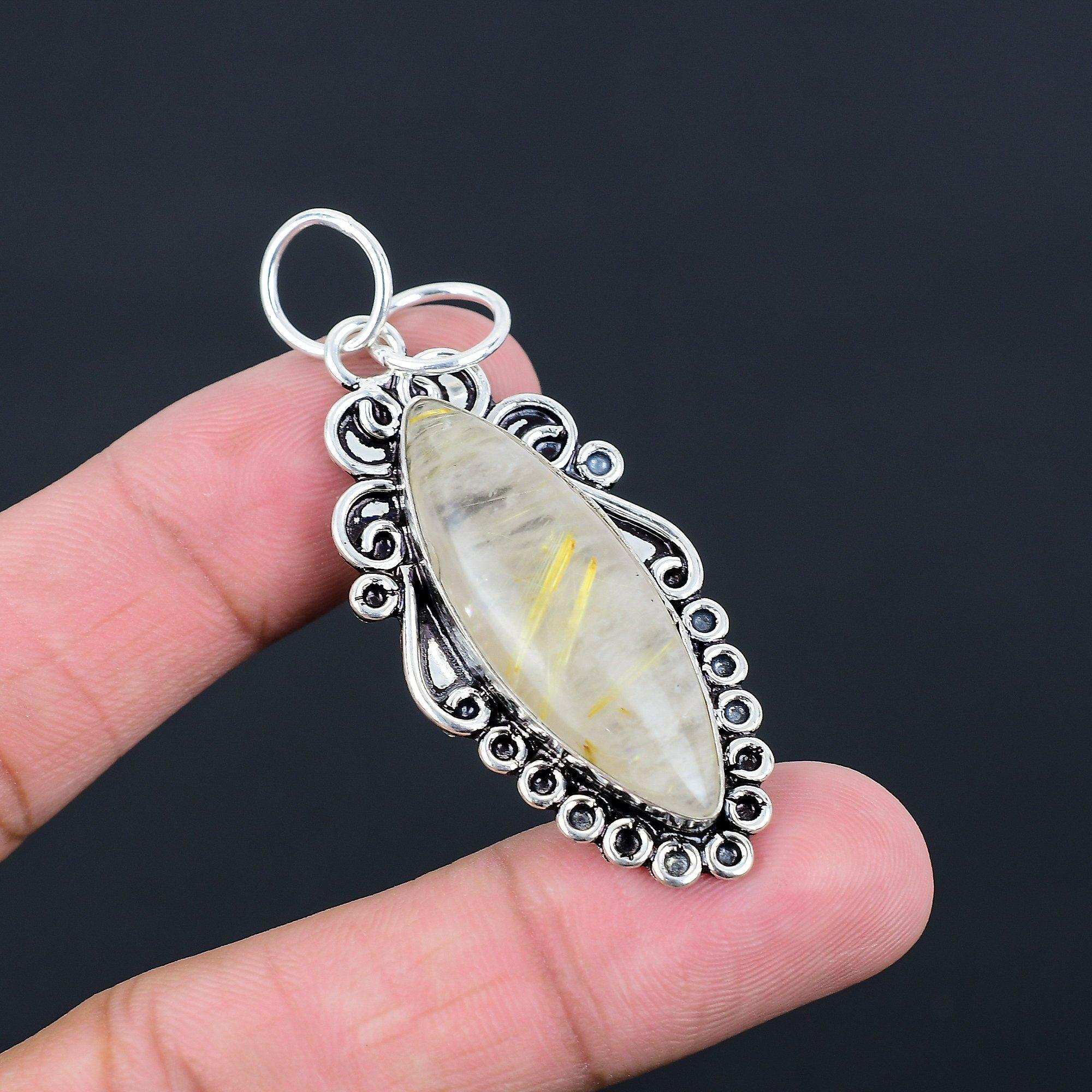 Marquise Golden Rutile Stone Birthday Art Deco Boho Pendant 925 Sterling Silver