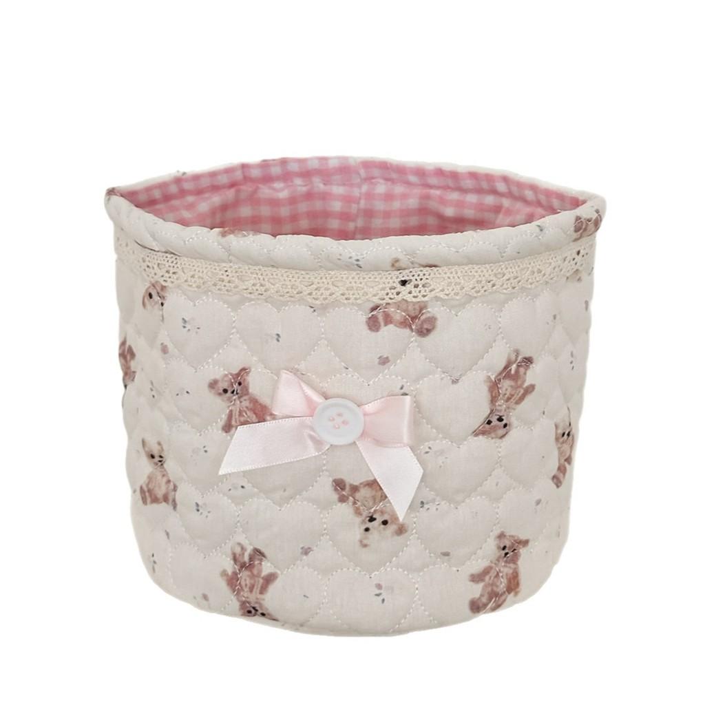 Bear Print Cotton Storage Basket With Foldable Design For Office And Desk Organization